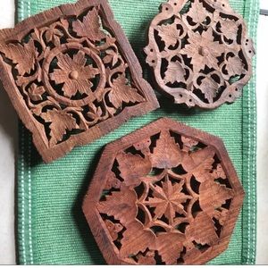 3 Hand carved teak coasters (3) made in India ,Boho vibe